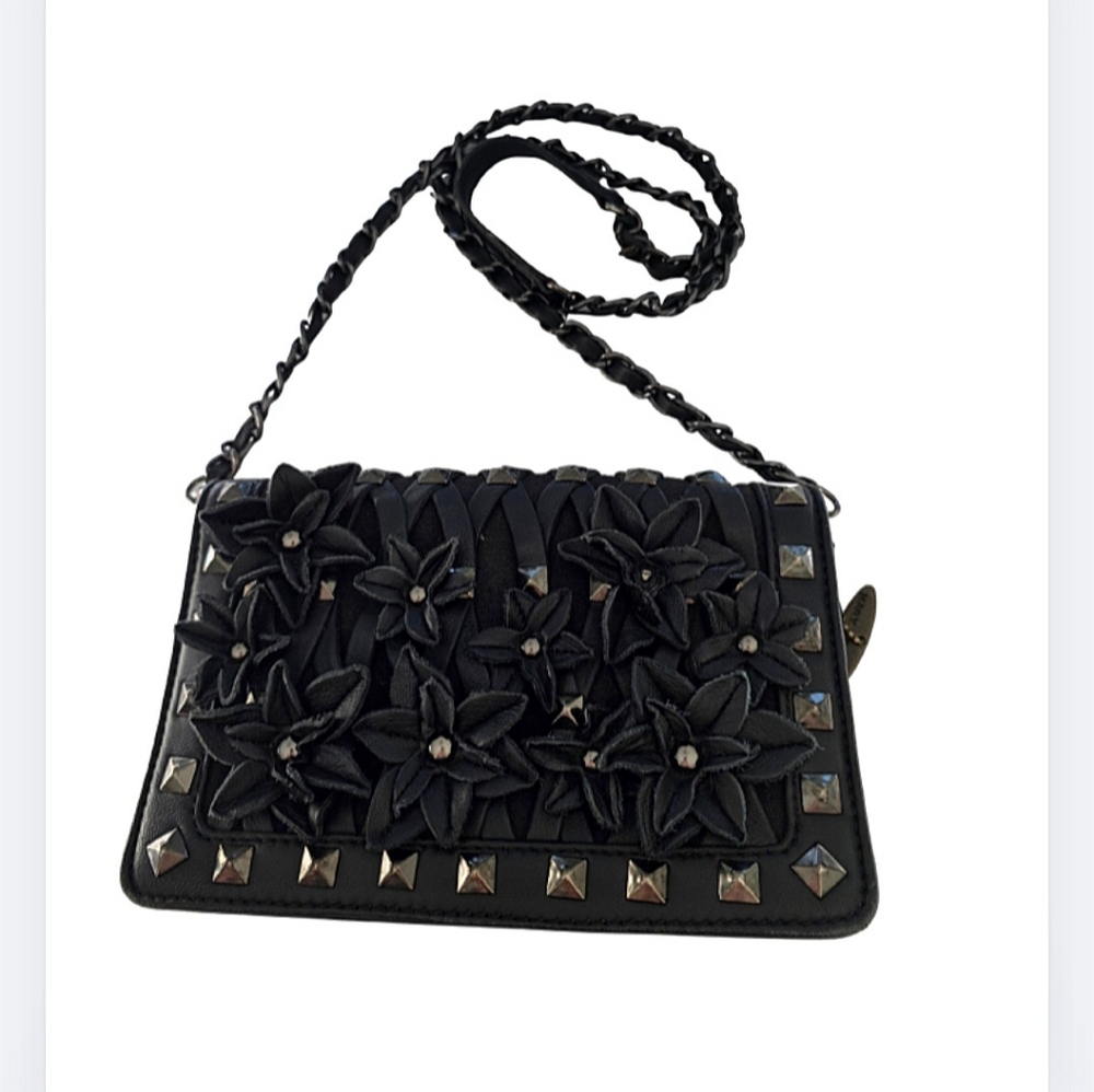 Mary Frances Bag Black Leather Flower Applique Silver Spikes Small Purse Vintage